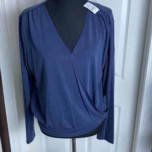 LOFT Women’s Top V-Neck Faux Wrap Blue sz L NWT